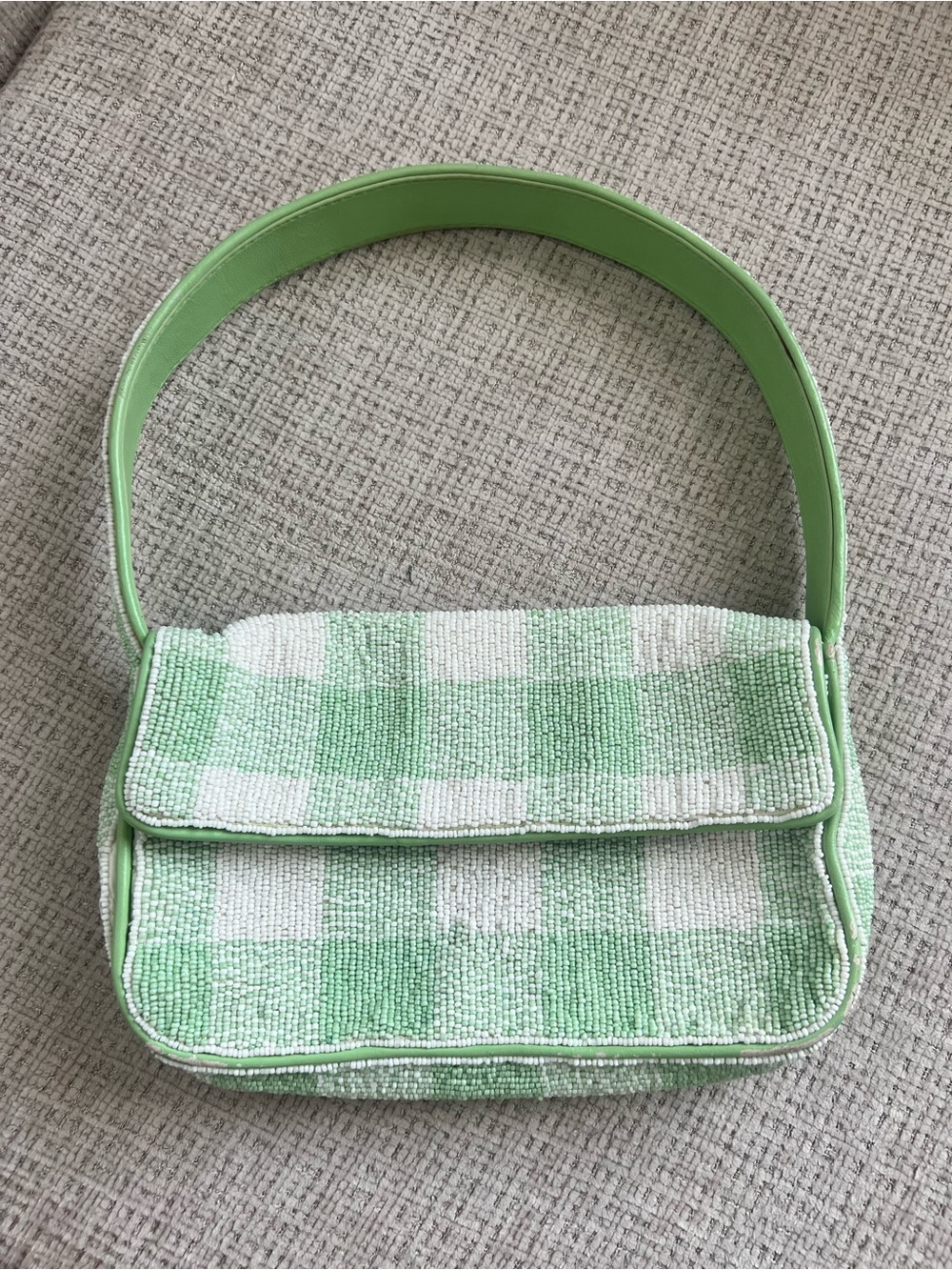 STAUD Green and White Beaded Gingham Shoulder Bag